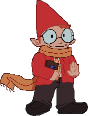 A picture of Wallace Black. He is a short, caucasian boy with pointed ears and red hair. He is wearing a pointy red hat with no brim, glasses with large circular frames, a scarf, and the Abelon Academy of Adventuring school uniform. It consists of black shoes, dark grey dress pants, a white undershirt, a gold tie, and a red overcoat. He is also holding a book in his right arm.