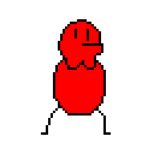 A pixel-art style drawing of a snood. It has thin, stick-figure legs, a red oval body, and a round, bald head with a significant underbite and an odd sack hanging from their chin.
